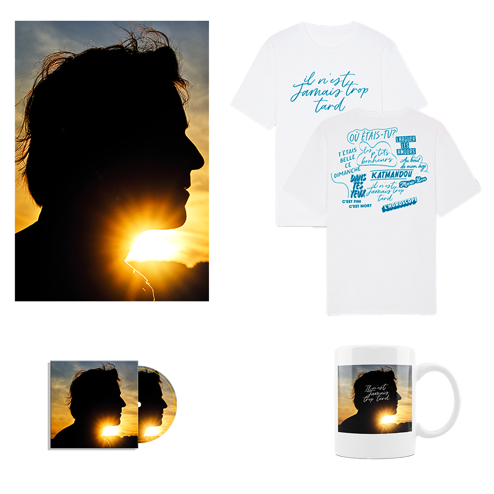 Pack CD dédicacé "Il n'est jamais trop tard" + Affiche dédicacée + Mug + T-shirt