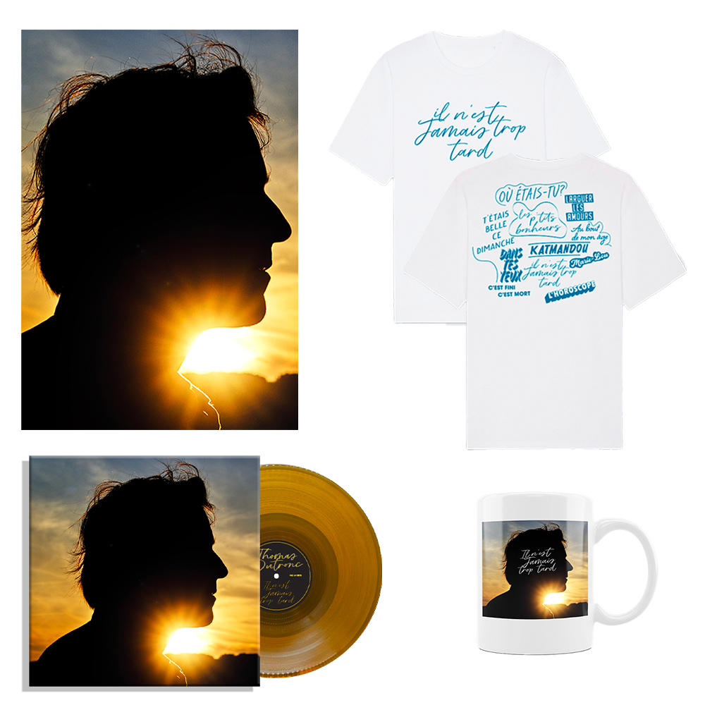 Pack Vinyle couleur dédicacé "Il n'est jamais trop tard" + Affiche dédicacée + Mug + T-shirt