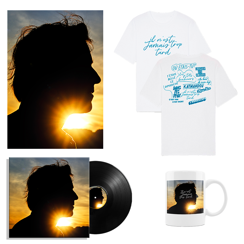 Pack Vinyle noir "Il n'est jamais trop tard" + Affiche dédicacée + Mug + T-shirt